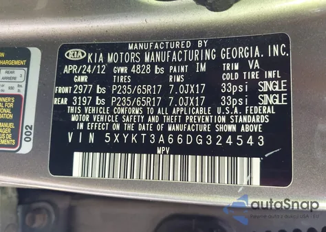 2013 Kia Sorento Lx из США, поврежденный, VIN 5XYKT3A66DG324543